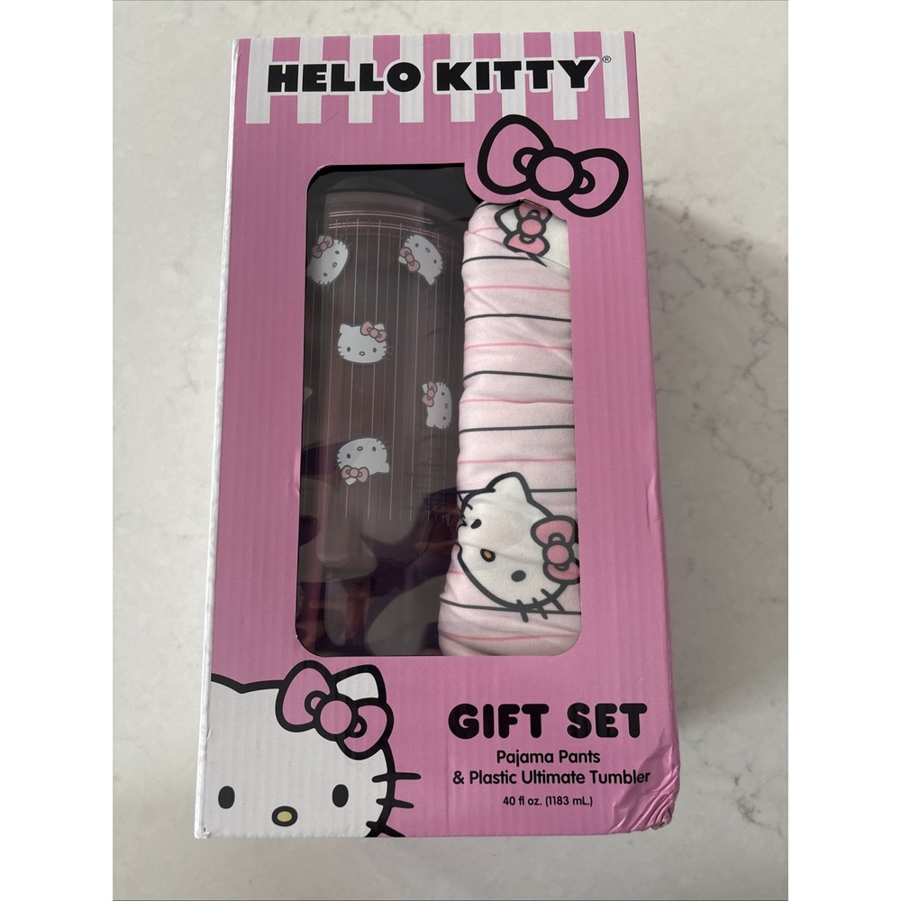 Hello Kitty Gift Set Pajama‎ Pants Large And Plastic Ultimate Tumbler Pink Box